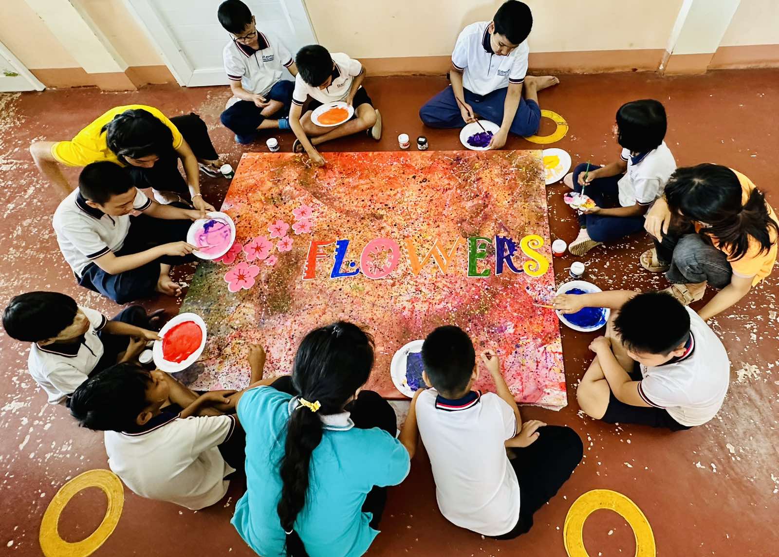 Children drawing flowers and art work